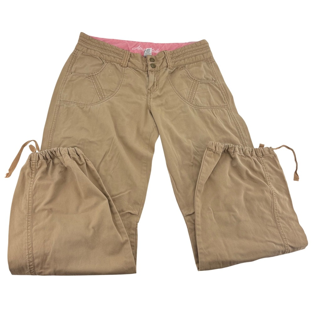 Aeropostale Tan Khaki Cargo Pants Women 9/10 Low Rise Drawstring Hem Y2K Utility